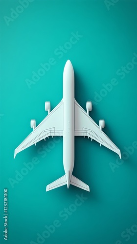 Sleek white airplane model resting against vivid turquoise background, representing aviation and global exploration