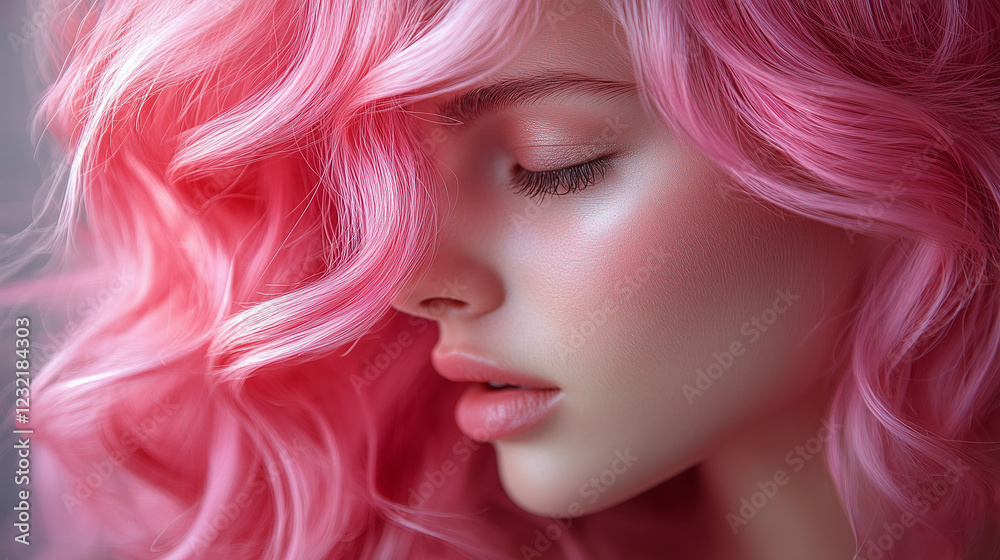 Close-Up of a Woman with Shiny pastel pink Wavy Hair – Perfect for Beauty, Haircare, and Fashion Advertisements, Salon Branding, and Cosmetic Product Promotions Close-Up of a Woman with Shiny pastel pink Wavy Hair – Perfect for Beauty, Haircare, and Fashion Advertisements, Salon Branding, and Cosmetic Product Promotions