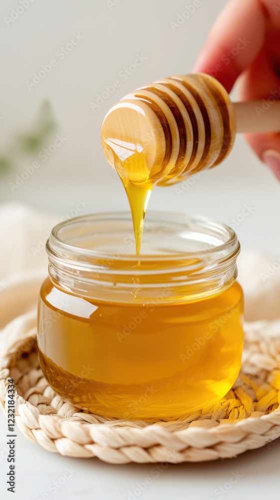 Close-up of hand placing a small jar of honey with drizzling dipper