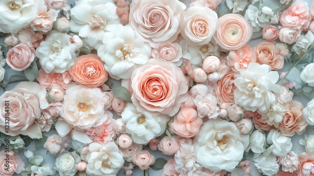 Pattern of Lush Abundance of Roses and Flowers in Soft Pink and Cream Tones