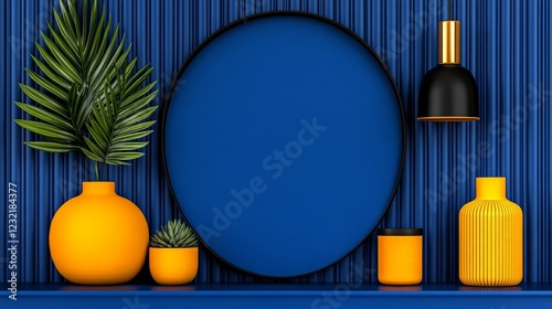 Elegant Display with Interior Decor:  A sophisticated presentation of interior decor, featuring a deep blue backdrop with a modern aesthetic. Includes elegant vases, lush greenery.