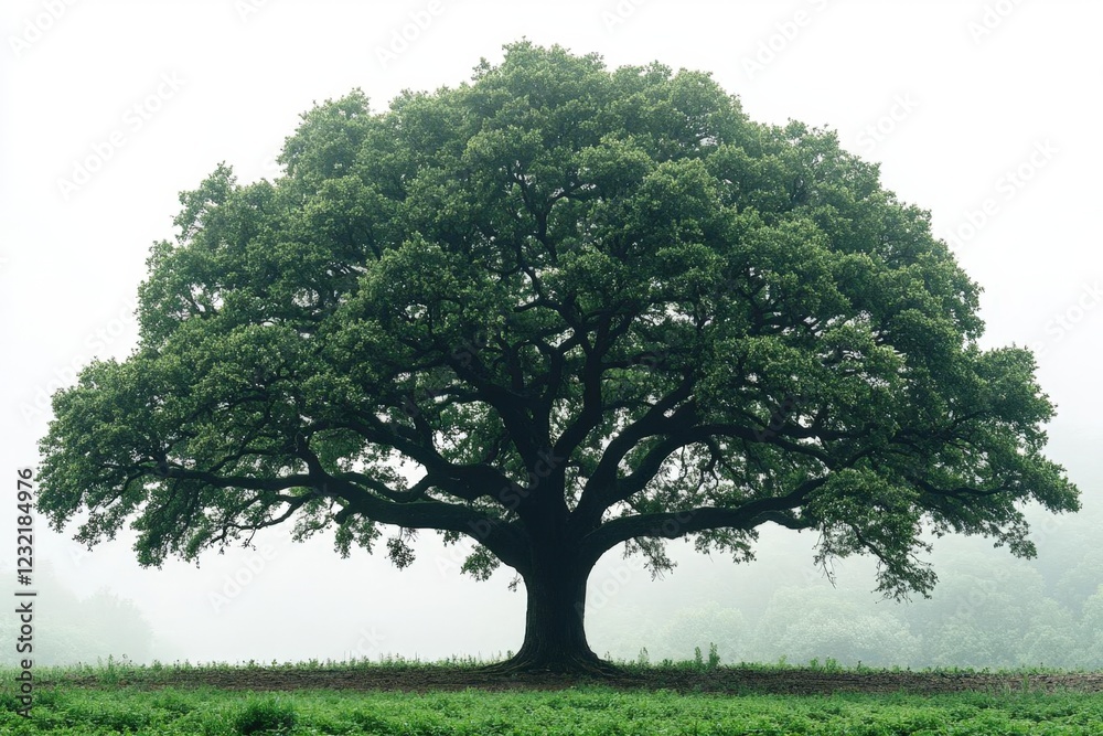 Obraz premium Majestic Oak Tree in Foggy Landscape