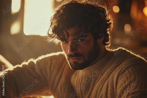 cinematic photo of a ruggedly handsome man with dark wavy hair and a well-groomed beard, dressed in a textured beige knitted sweater, seated in a cozy interior  photo