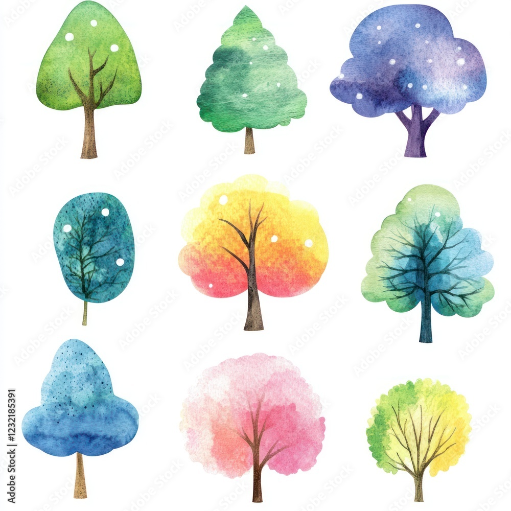 Obraz premium Nine Watercolor Trees Displaying Various Colors and Styles