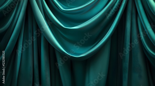 Teal Velvet Drape: Luxurious teal velvet fabric in elegant drapes and folds, creating a rich, textured background ideal for design and presentation.