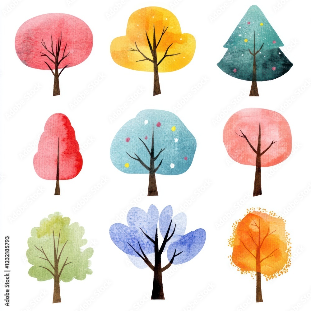 Obraz premium Collection of Watercolor Painted Trees with Various Colors