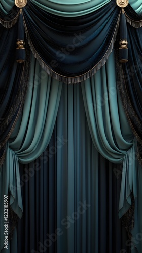 Opulent Teal and Midnight Blue Curtains: Luxurious, heavy velvet curtains in shades of teal and midnight blue, adorned with elegant gold detailing and tassels.