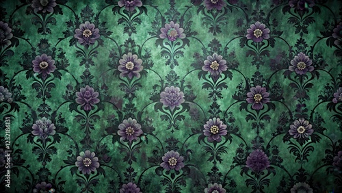Distressed floral patterns on a spooky vintage-inspired wallpaper backdrop with dark green and purple hues , dark, spooky