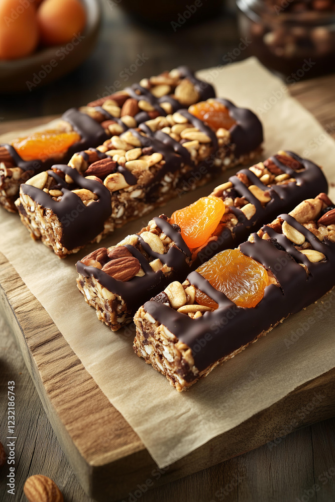homemade granola bars with a mix of dried apricots, nuts, and pumpkin seeds, partially dipped in rich dark chocolate, arranged neatly on a parchment-lined wooden board, vibrant and dynamic homemade granola bars with a mix of dried apricots, nuts, and pumpkin seeds, partially dipped in rich dark chocolate, arranged neatly on a parchment-lined wooden board, vibrant and dynamic