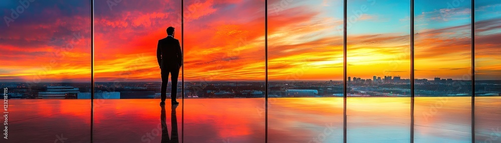 Fototapeta premium Businessman Gazing at Vibrant Sunset from Modern Office with Panoramic Cityscape View