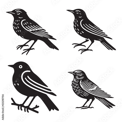 "Detailed Lark Vector Silhouettes Black and White Designs"