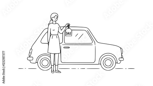 Elegant Line Art Illustration of a Female Car Salesperson