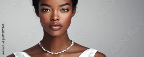 Elegant young Black woman wearing pearl necklace, posing in white top against neutral grey backdrop, highlighting sophisticated beauty and style photo