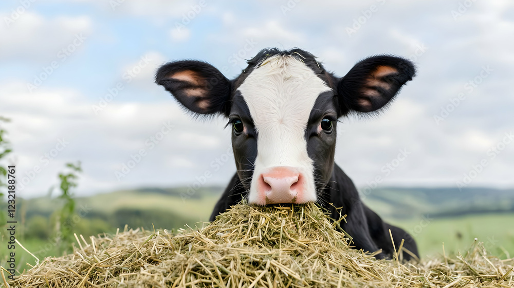 Calf eating hay in pasture, idyllic rural scene, farm animal Calf eating hay in pasture, idyllic rural scene, farm animal
