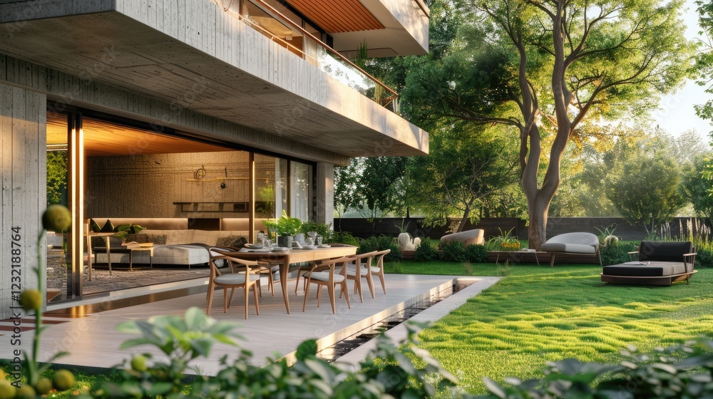 View of luxurious modern house exterior with dining space and garden. View of luxurious modern house exterior with dining space and garden.