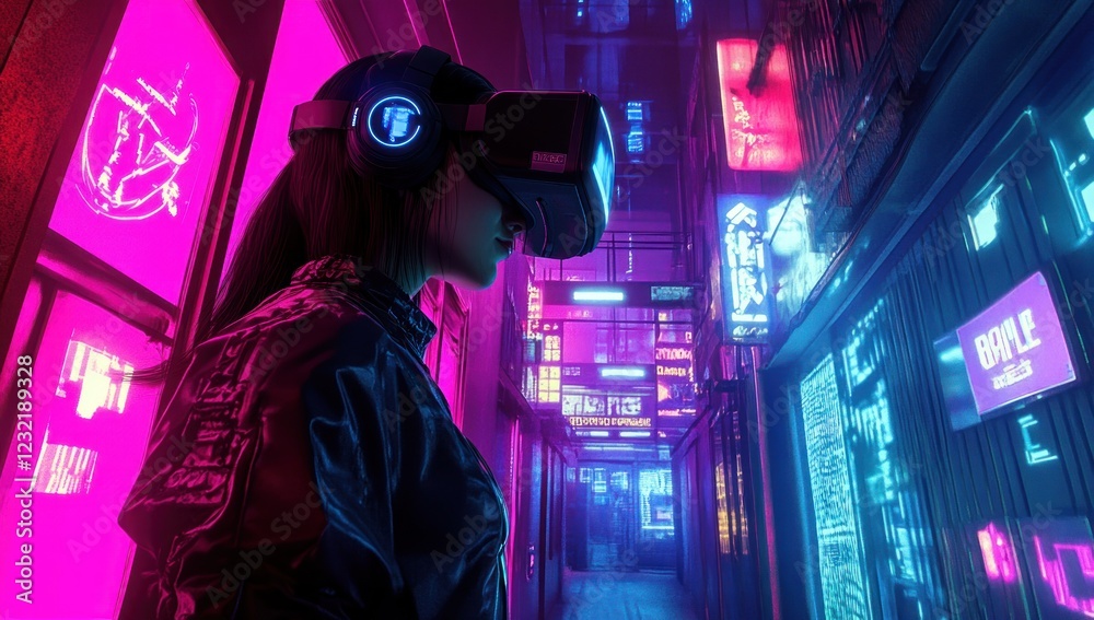 Cyberpunk Girl Exploring Virtual Reality in Neon Cityscape Cyberpunk Girl Exploring Virtual Reality in Neon Cityscape