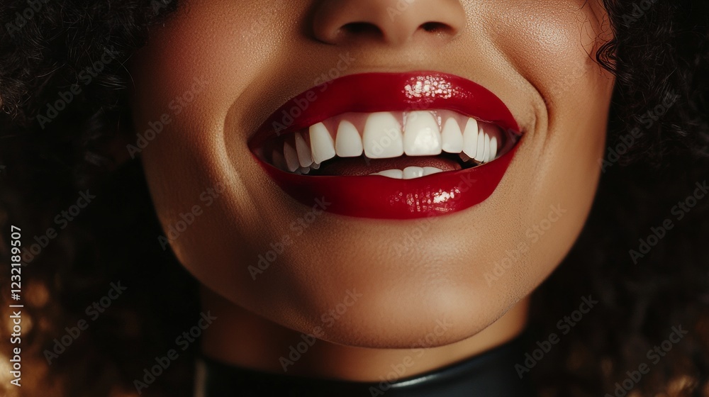 Fototapeta premium Beauty portrait of a smiling woman with perfect white teeth and red lipstick, showcasing dental and makeup perfection