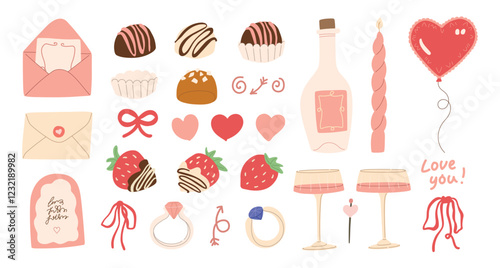 Vector Valentine's Day hearts, chocolate, strawberries and wine illustration collection. Modern hand drawn pastel pink clip art set for books, stationery, banners and social media