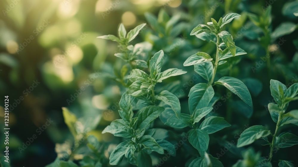 Obraz premium Lush Green Basil Plants in Sunlight: A Vibrant Garden Close-up