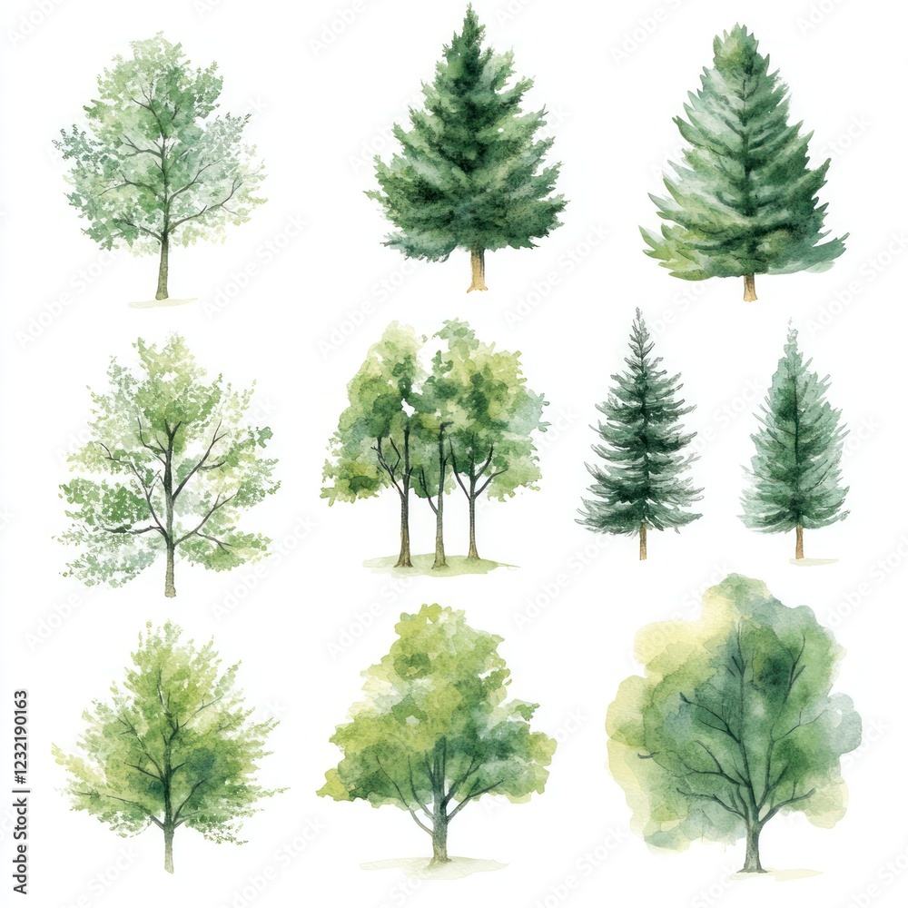 Watercolor Paintings of Various Green Trees Watercolor Paintings of Various Green Trees