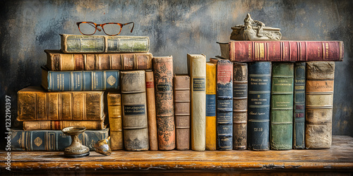 Old Worn Books Stacked with Glasses