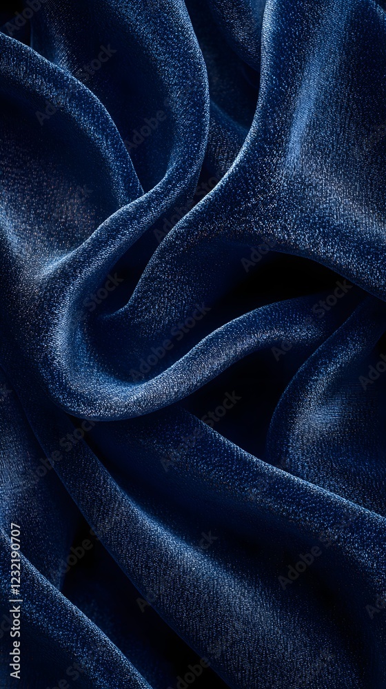 Fototapeta premium Navy Blue Silk Drape: Luxurious folds of deep navy blue silk fabric create a dramatic and elegant abstract image, showcasing the rich texture and subtle sheen of the material.