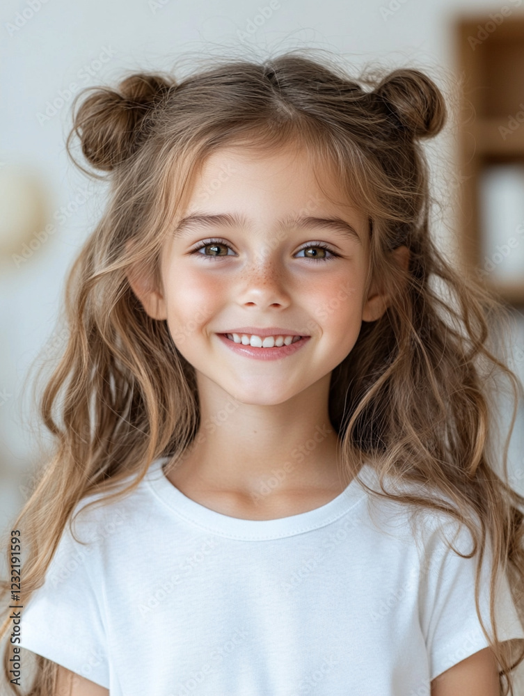 Young girl with playful hairstyle smiling in bright room Young girl with playful hairstyle smiling in bright room
