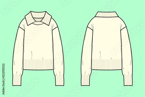 Women Long Sleeve knitted crop polo technical flat sketch outline template, CAD, Mockup.