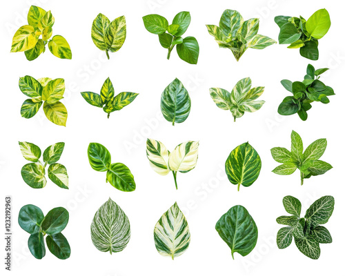 Collection Of Variegated Green And Yellow Leaves Isolated On Bla photo