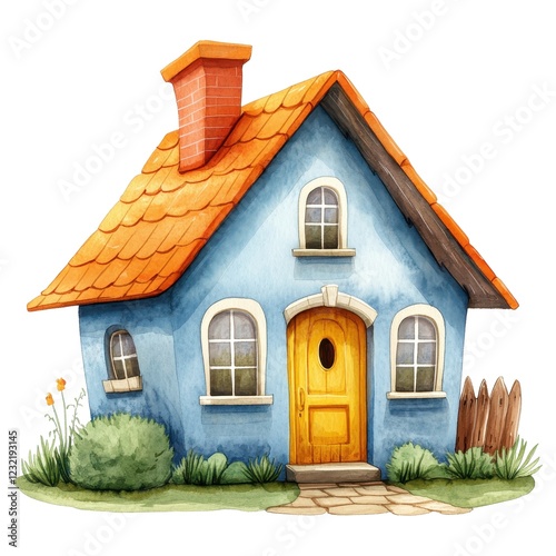 Charming Blue Cottage with Orange Roof and Yellow Door, Isolated on White Background Cutout