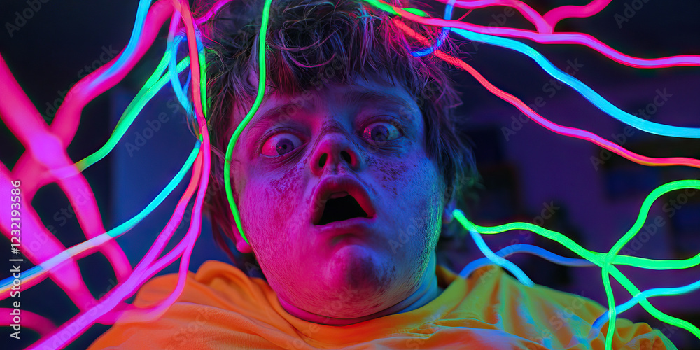 Fototapeta premium Portrait of Boy Surrounded by Neon Lights