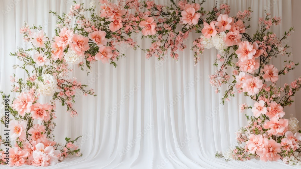 Fototapeta premium Elegant Floral Backdrop for Wedding Ceremony with Soft Pink Flowers and Sheer Drapes, Perfect Aesthetic for Romantic Events and Celebrations