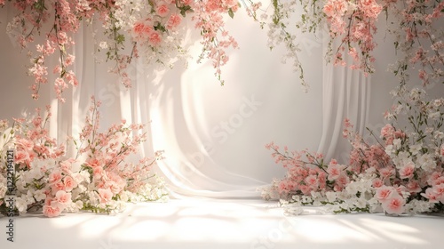 Elegant Floral Wedding Backdrop with Soft Aesthetic Drapery and Gorgeous Flower Arrangements Ideal for Romantic Celebrations and Photography Sessions