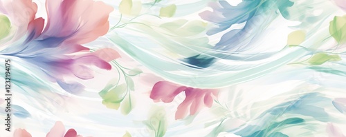Plants and Flower with Summer Seamless Pattern Background Concept. Soft Pastel Floral Design with Abstract Swirls