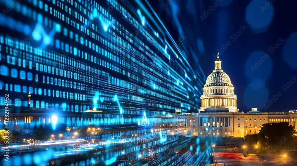 Obraz premium financial data, government building. A futuristic view of the Capitol building with blue data streams, symbolizing technology and governance at night.