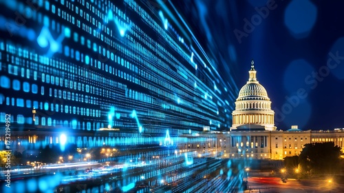 financial data, government building. A futuristic view of the Capitol building with blue data streams, symbolizing technology and governance at night.