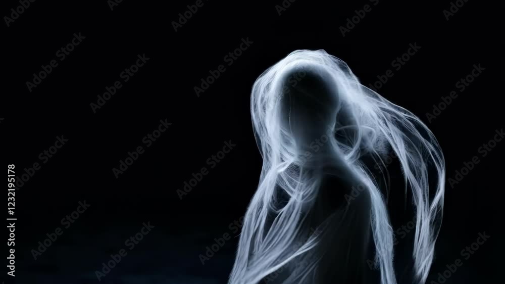 Ethereal and mysterious, a ghostly figure shrouded in flowing white fabric materializes against a dark backdrop, its form shifting and swirling as if caught in an otherworldly wind