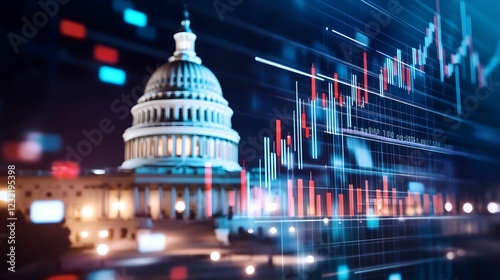 financial data, government building. A digital representation of the U.S. Capitol building at night, overlaid with financial graphs, symbolizing the intersection of politics and economics.