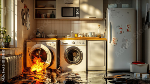 Broken home appliances with leakage, fire and cracks. Vector isometric set of washing machine, electrical stove, refrigerator, microwave, floor wave and conditioner with damage photo