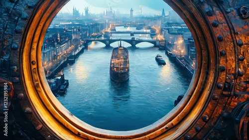 A stunning view at sunset, framed by a circular ship porthole, offering a unique and artistic perspective