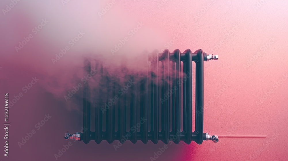 Fototapeta premium A modern black radiator on a pastel wall, warm steam subtly visible, digital art, clean lines, futuristic vibe, cozy atmosphere