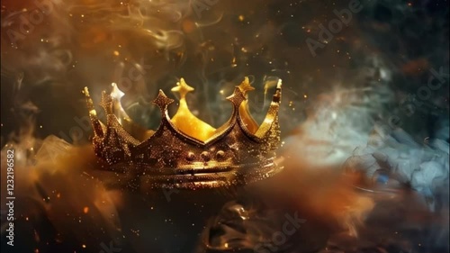 Fantastic beautiful king or queen crown from vivid gold material for coronation, abstract vivid composition consists of fictional unreal fantastic vision on background