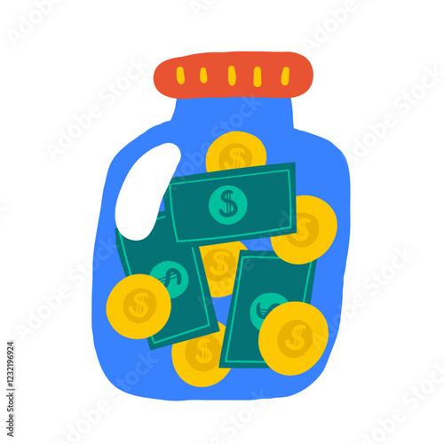 WebMoney, finance, payment sign, icon, composition. Cute hand drawn doodle market, earning, deposit, currency, payment illustration with glass jar, coins, dollars. Financial business background