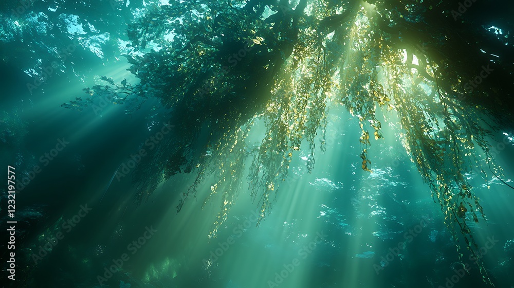 Obraz premium Sunbeams illuminating underwater kelp forest.