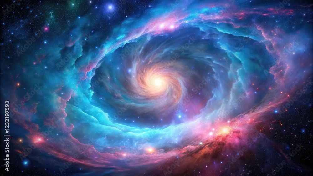A swirling, vibrant nebula with soft pastel hues of blue and pink, set against a dark starry night sky