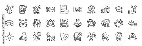 Employee benefit web line icons. Included icons as teamwork, insurance, paid Vacation, pension, social Security. Vector illustration. editable stroke