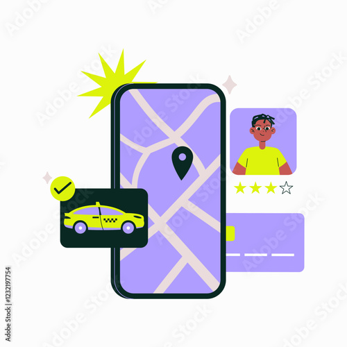 Taxi App Interface With Driver Profile and Ride Confirmation in Flat Vector Illustration Symbolizing Online Transportation Service, Isolated on White Background