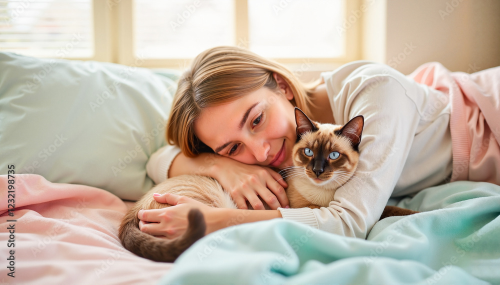 Young girl joyfully embracing her Siamese cat on a pastel-colored bed, morning light filtering through the window, symbolizing tranquility and pet companionship. Young girl joyfully embracing her Siamese cat on a pastel-colored bed, morning light filtering through the window, symbolizing tranquility and pet companionship.