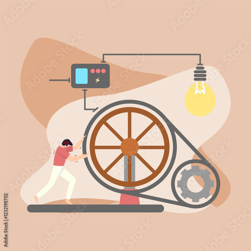A modern, minimalistic illustration depicting a person generating electricity by manually turning a large wheel. The concept symbolizes renewable energy, human effort, and sustainability.