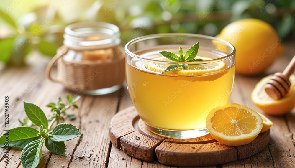 Herbal tea with lemon slices and honey jar on rustic wooden table, morning tranquility, allergy relief concept. or Flu Season Care Herbal tea with lemon slices and honey jar on rustic wooden table, morning tranquility, allergy relief concept. or Flu Season Care
